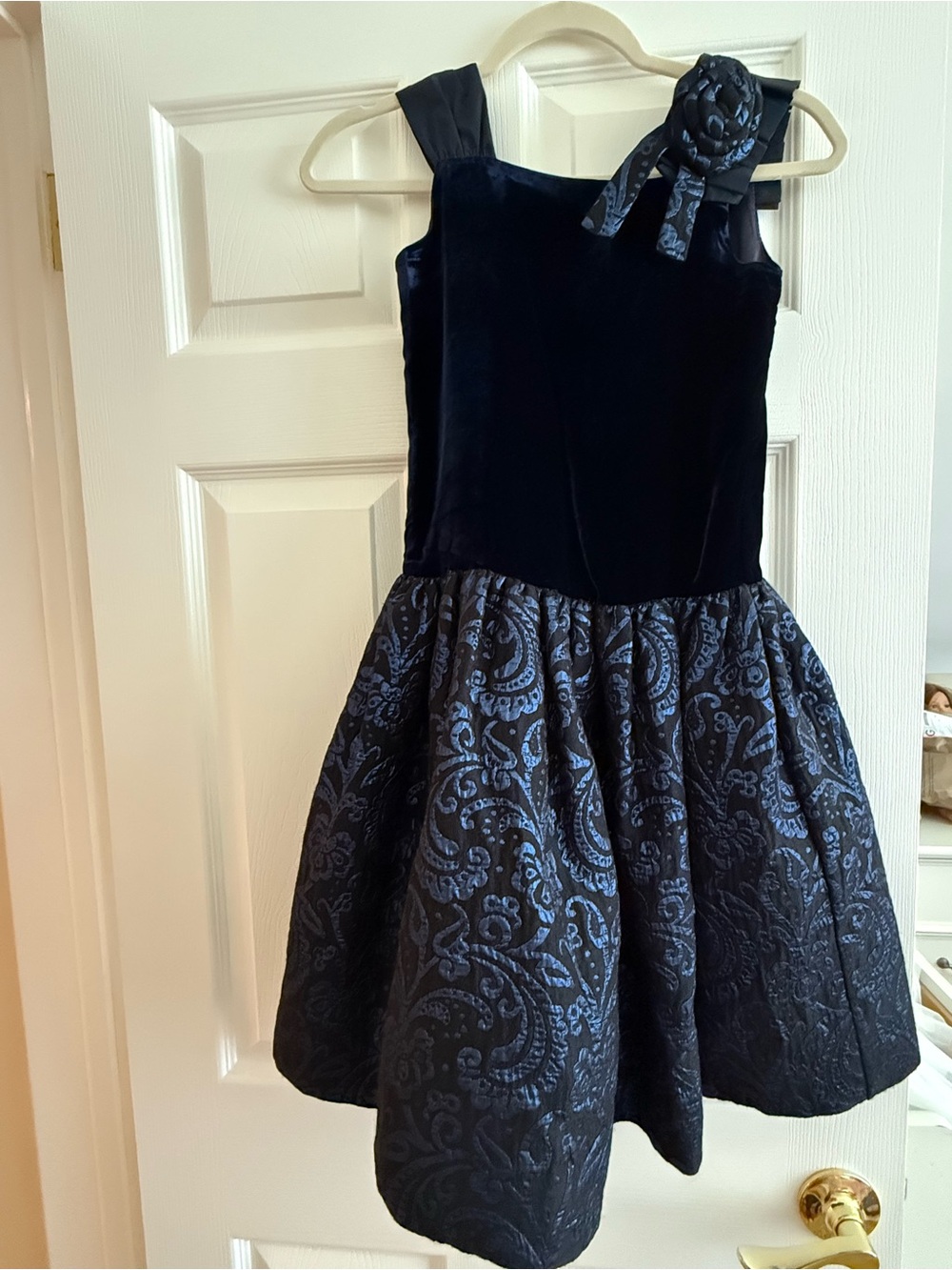 Navy Velvet Bodice with Patterned Brocade Skirt Girls Formal Dress